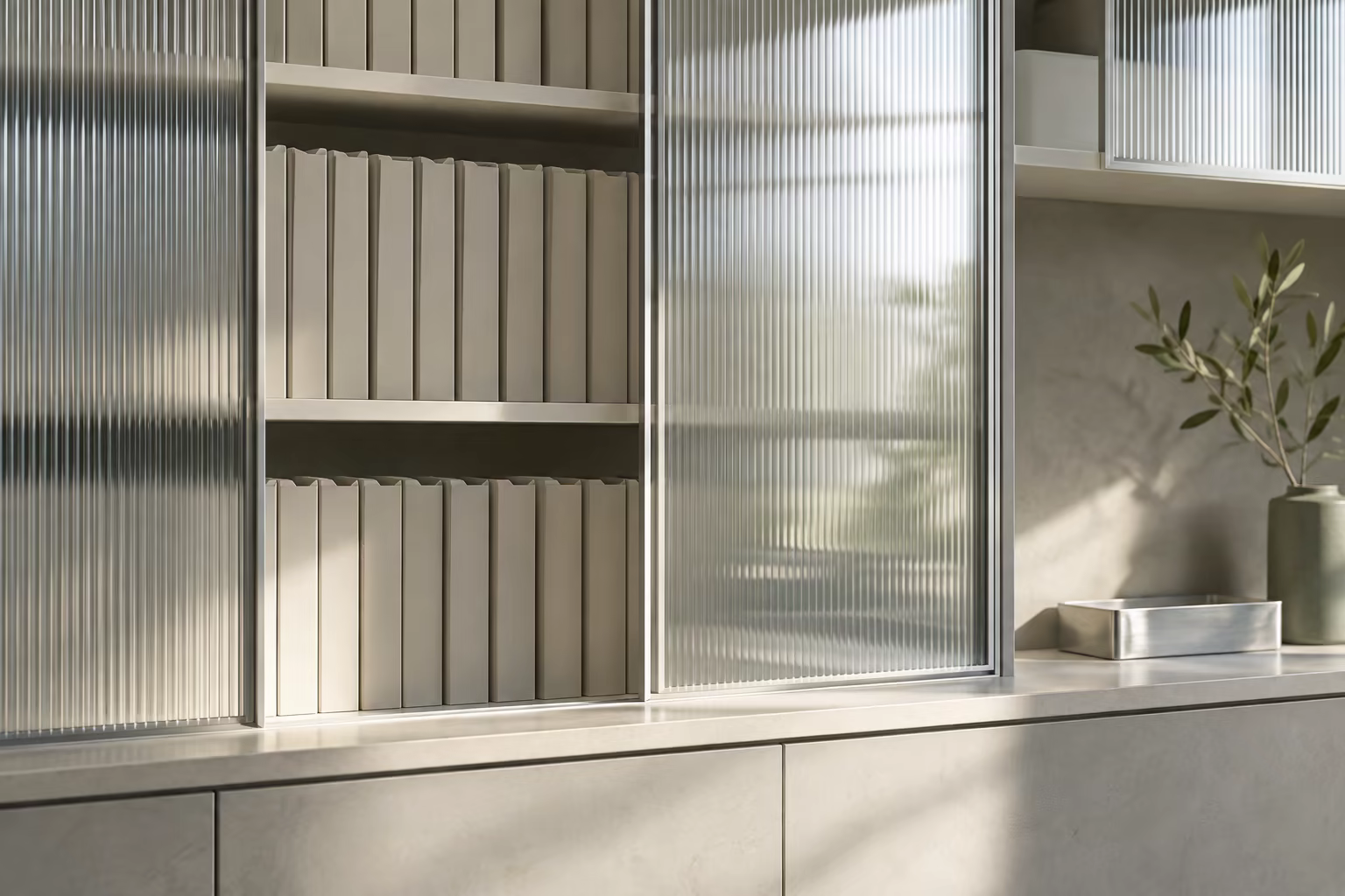 Carefully organised clinic records behind ribbed glass